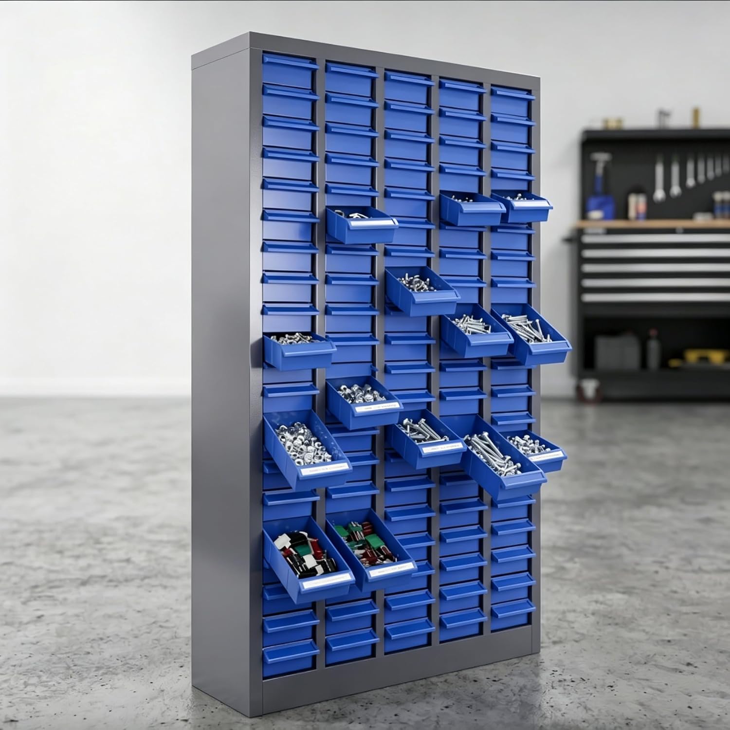 100 Drawer Small Parts Storage Cabinet, 26'X 9'X 46' Nut and Bolt Organizer Cabinet with Dividers & Labels, Bolt Bin with Removable ABS Drawers, Durable Tool Storage Cabinet for Garage & Workshop Use