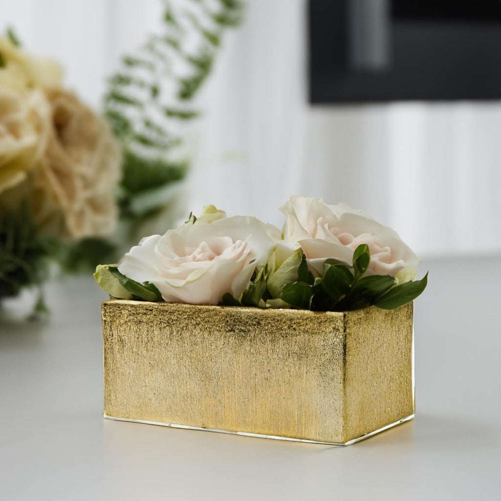 WGVI Long Rectangle Ceramic Planter Vase in Gold Etched 12' x 4' x 4'H, Block Rectangular Terrarium Box Pot, Flower Arrangement, Table top Centerpiece, Home Decor Storage Container, Bulk, 6 Pcs.
