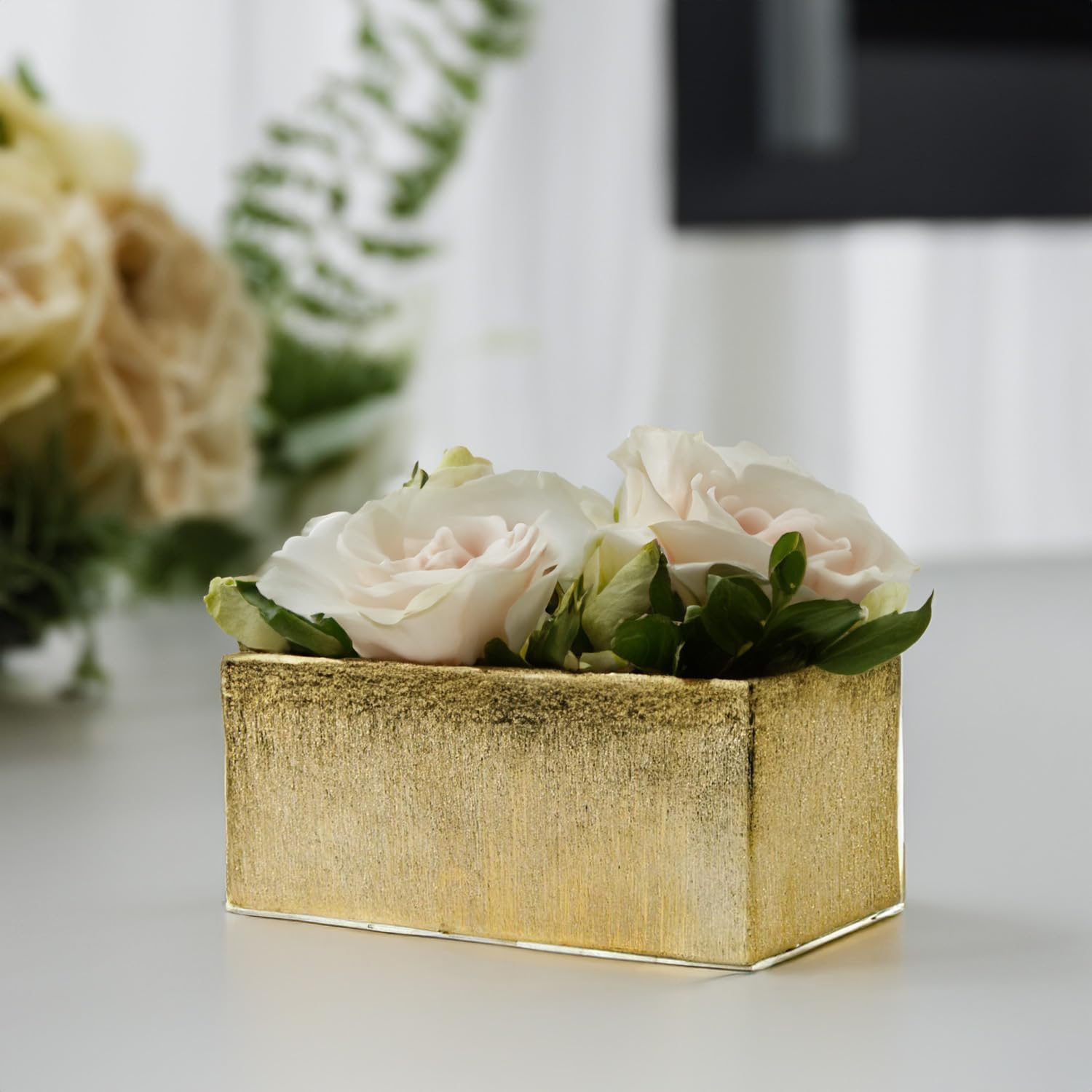 WGVI Long Rectangle Ceramic Planter Vase in Gold Etched 12' x 4' x 4'H, Block Rectangular Terrarium Box Pot, Flower Arrangement, Table top Centerpiece, Home Decor Storage Container, Bulk, 6 Pcs.