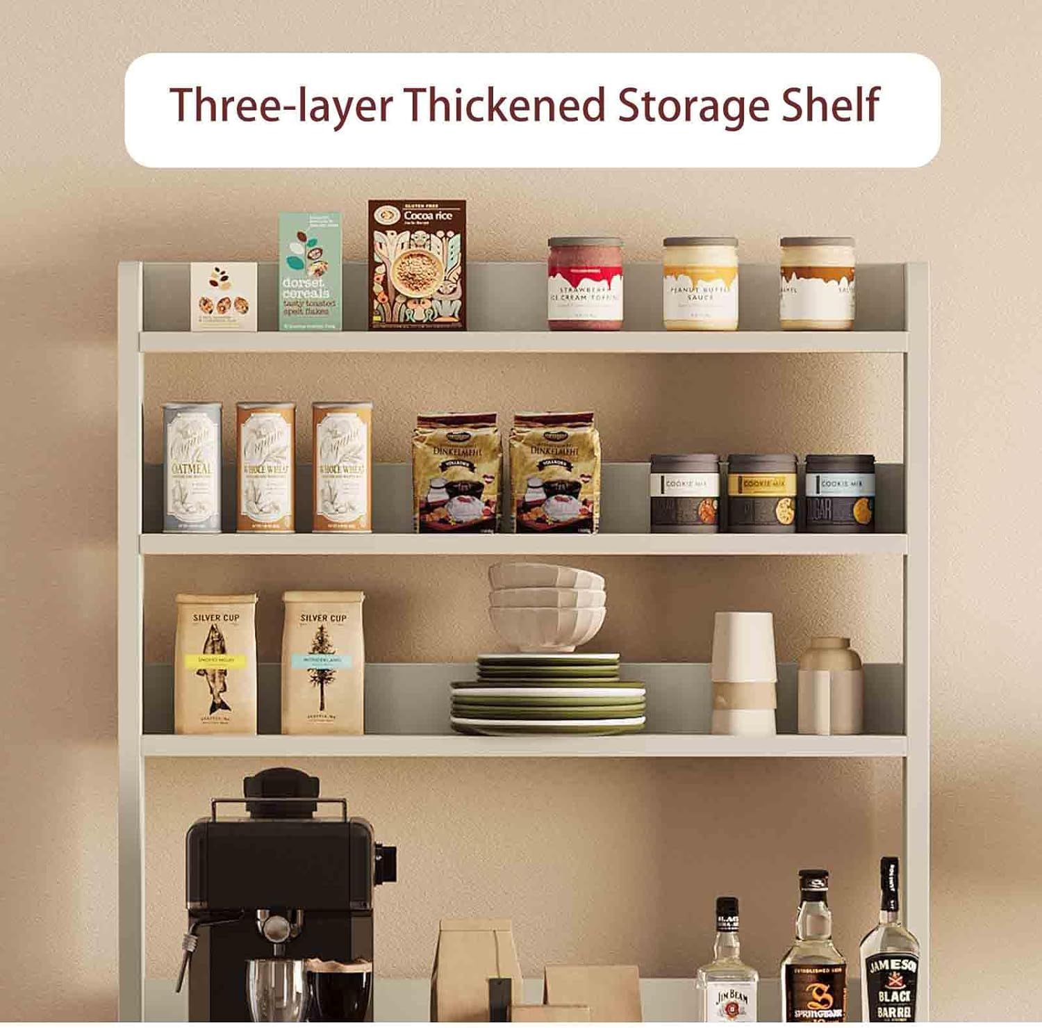 TrailBlaze Microwave Stand with Storage Cabinet, Bakers Rack with Power Outlet and Shelves, Farmhouse Floor Hutch Door Thickened Counter, Storage Shelf Coffee Bar for Kitchen, Dining Room, White