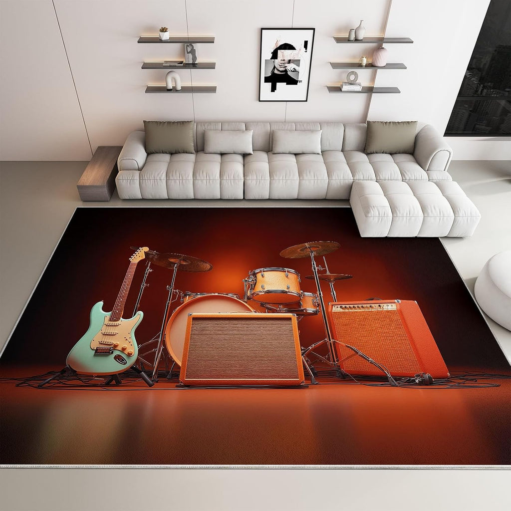 Area Rug 5x8 ft Guitar and Drum Set Washable Rugs, Soft Non-Slip Faux Wool Rug for Living Room, Bedroom, Farmhouse, Dining Room, Office, Home Decor Carpet