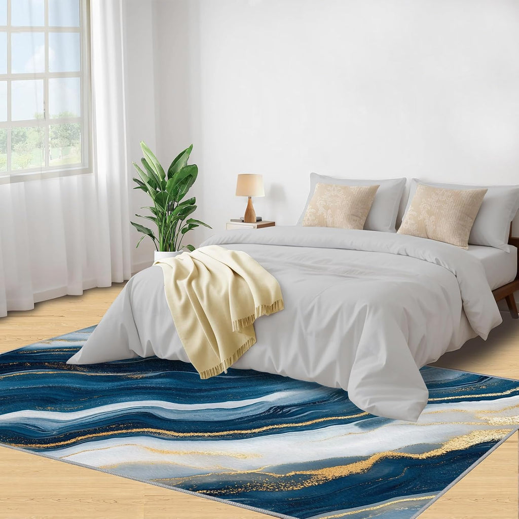 Modern Area Rug Large - 6x8 Rug, Blue Gold Marble Rugs for Living Room, Light Luxury Carpet, Abstract Washable Area Rugs for Bedroom, Contemporary Carpet, Blue Marble Home Decor