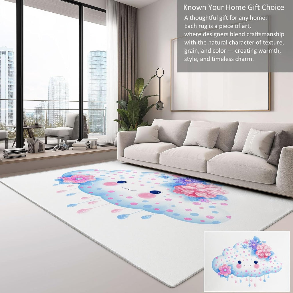 Washable Area Rug 5 x 7 ft, Cartoon Fresh Flowers Clouds Soft Print Kids Area Rugs for Living Room - Non-Slip Stain Resistance White Indoor Carpet for Bedroom Kid Nursery Playroom