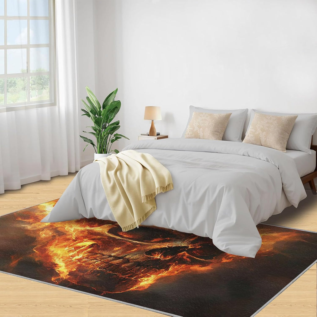 Flaming Skull Area Rug 6x8 - Horror Skull Large Rugs for Living Room, Terrifying Skeleton Carpet Area Rug for Girls Bedroom Kids Room Basement Office Classroom