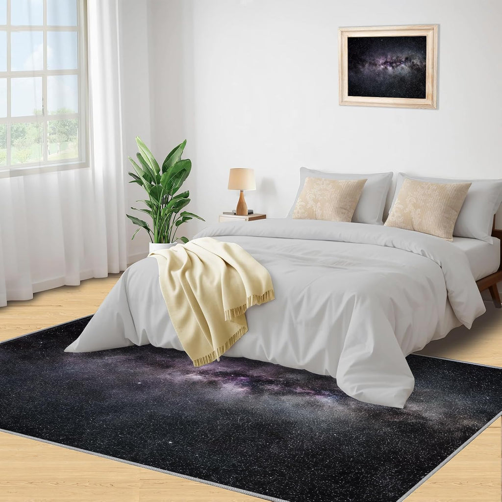 Mysterious Nebula Area Rug, Black Purple Starry Sky Rugs for Living Room, Indoor Non-Slip Kids Rugs, Machine Washable Breathable Durable Carpet for Front Entrance Floor Decor,6 x 8ft