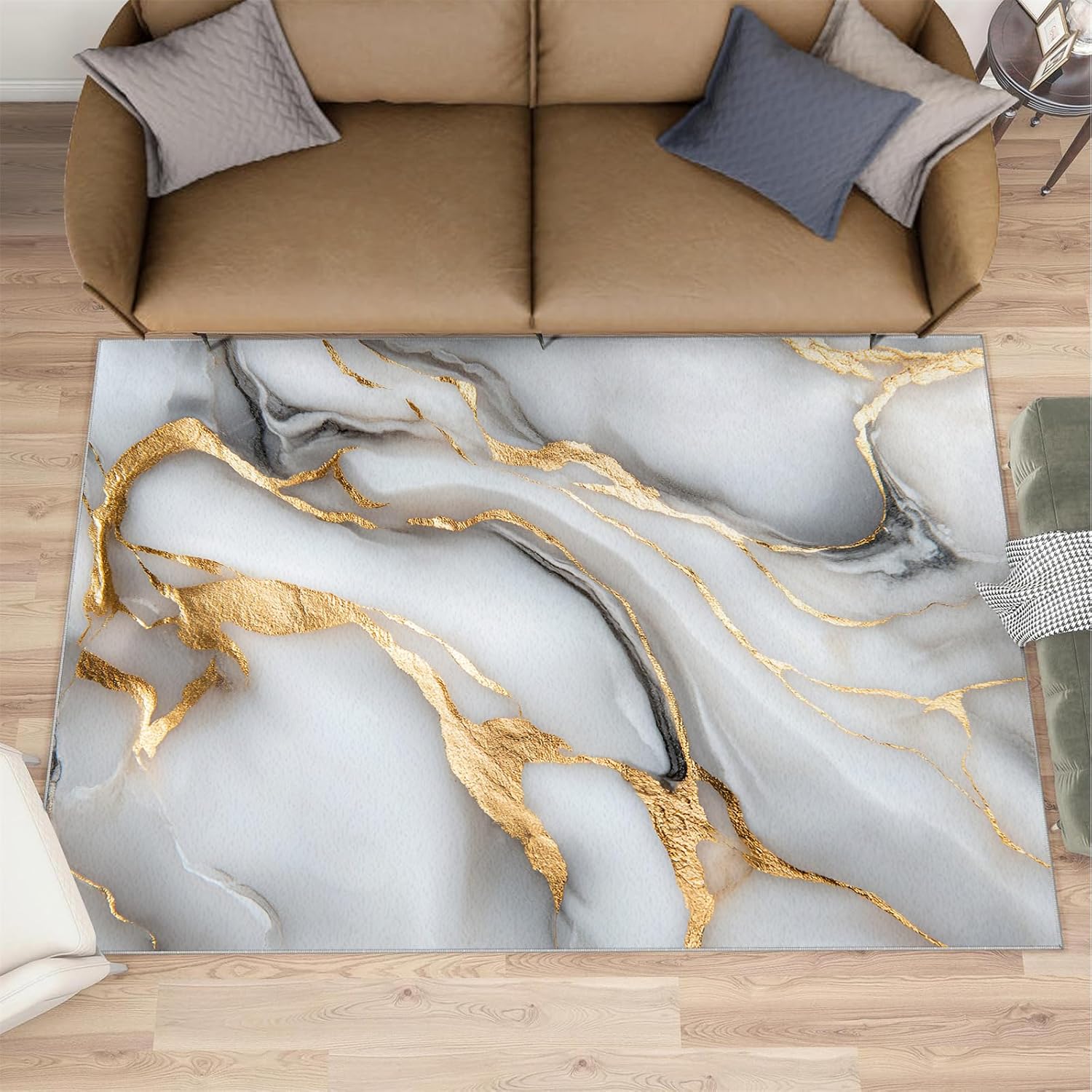 White Gold Marble Rug Large - 6x8 Rug, Light Luxury Washable Rugs for Living Room, Modern Abstract Carpet, Contemporary Non-Slip Area Rugs for Bedroom, Aesthetic Carpet, Marble Home Decor