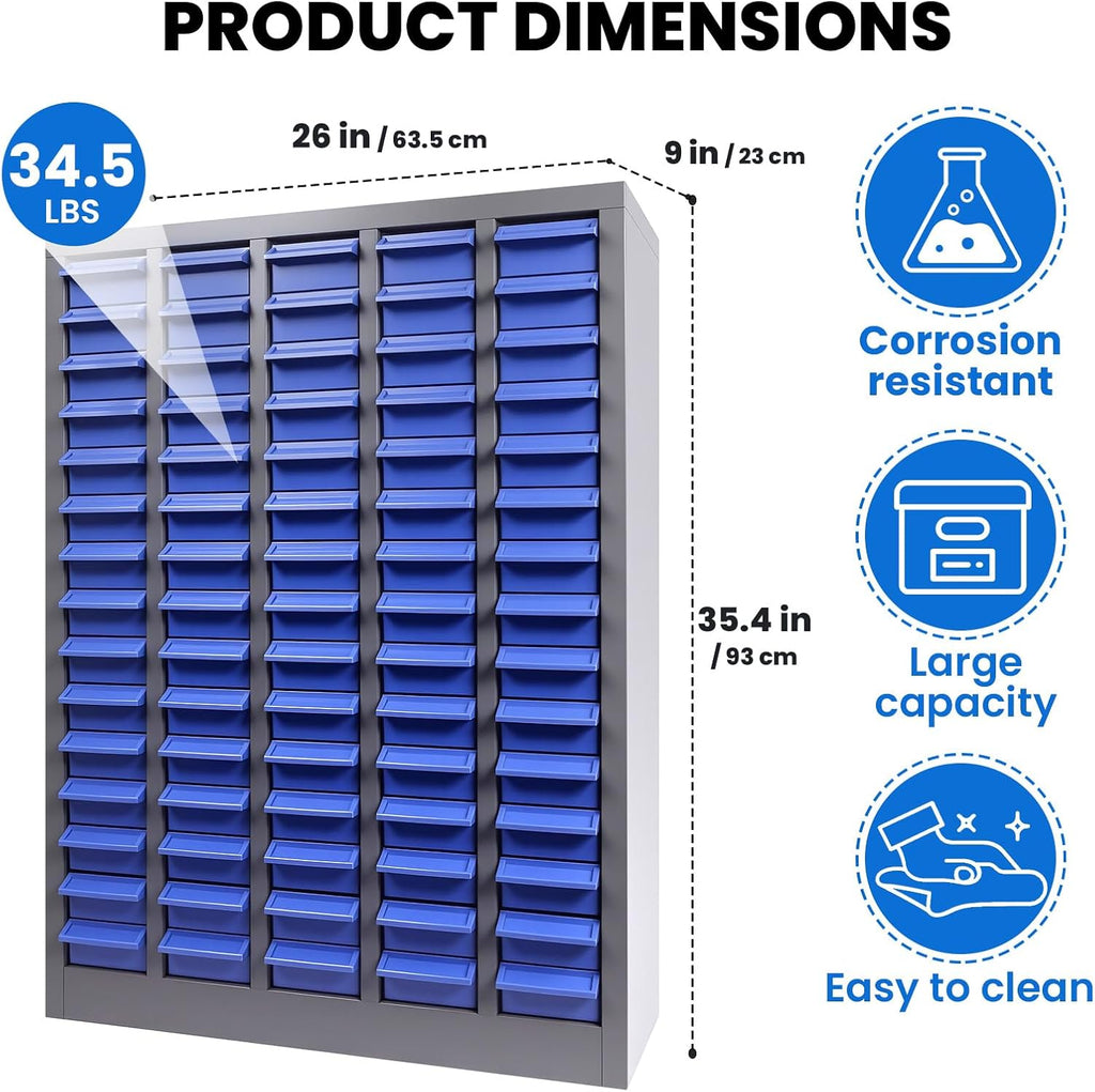 ABS 75 Drawer Parts Cabinet, Stainless Steel Nut and Bolt Organizer Storage, 26' X 9' X 35' Bolt Bin, with 375 Divider, Nut and Bolt Storage for Shops, Toys, Parts, Screws (75 Grids)