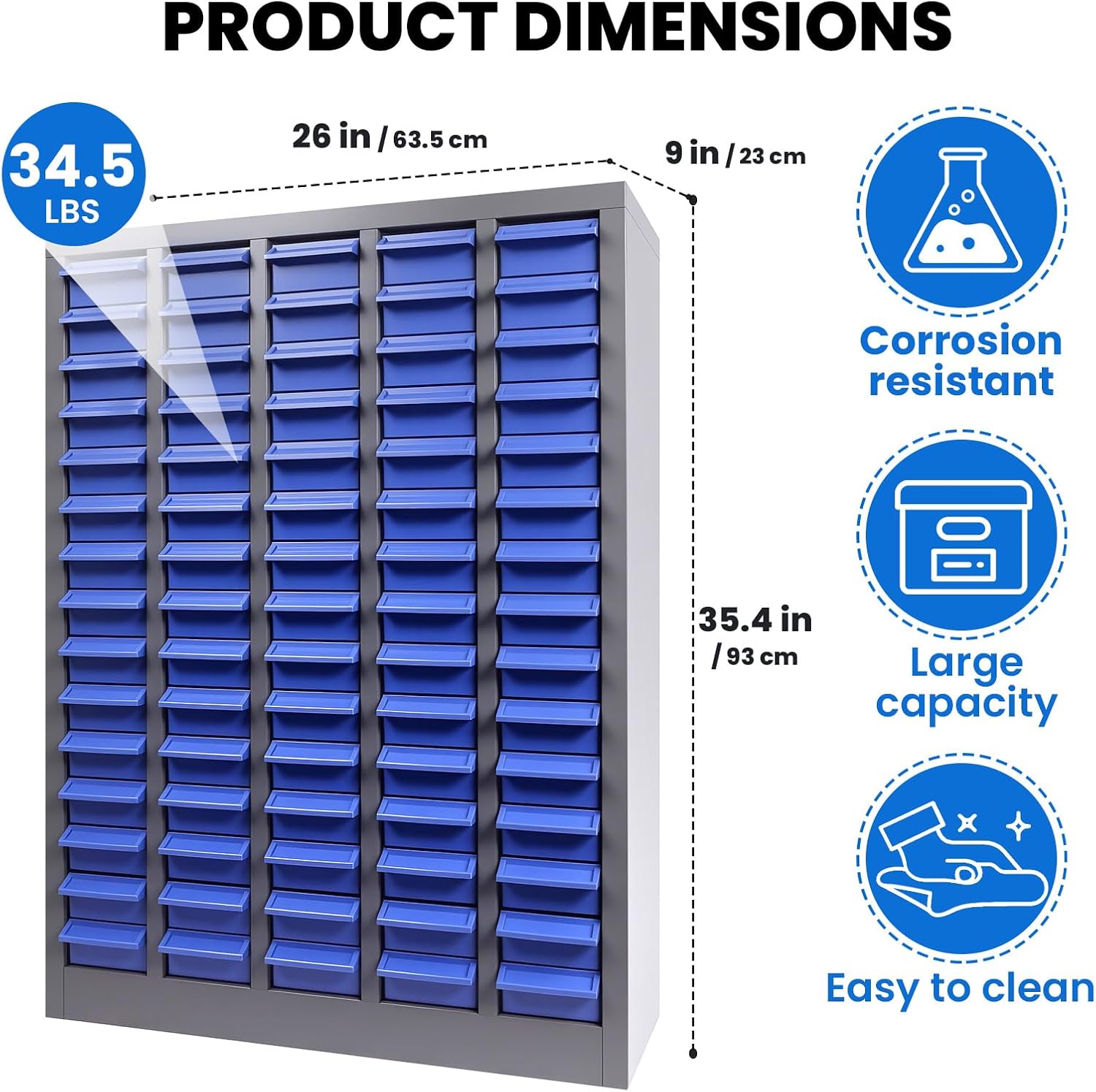 ABS 75 Drawer Parts Cabinet, Stainless Steel Nut and Bolt Organizer Storage, 26' X 9' X 35' Bolt Bin, with 375 Divider, Nut and Bolt Storage for Shops, Toys, Parts, Screws (75 Grids)