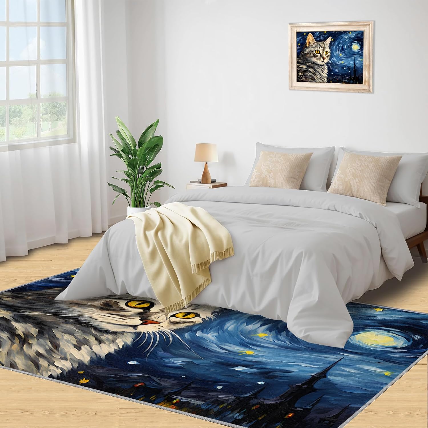 6x8 Area Rug - Starry Sky Pear Flower Cat Large Rugs for Living Room, Post-Impressionist Art Painting Carpet Area Rug for Girls Bedroom Kids Room Basement Office Classroom