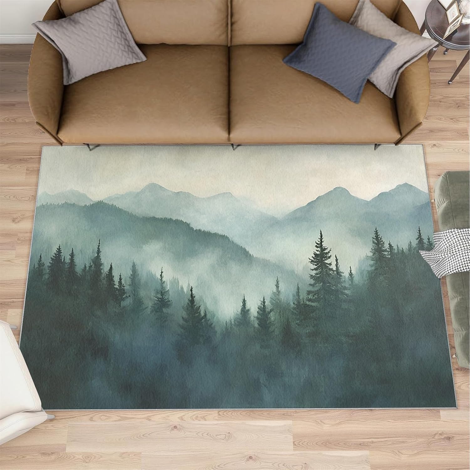 Misty Forest Area Rug Large - 6x8 Rug, Forest Mountain Rugs for Living Room, Woodland Area Rugs for Bedroom, Natural Scenery Washable Carpet, Landscape Home Decor & Gifts