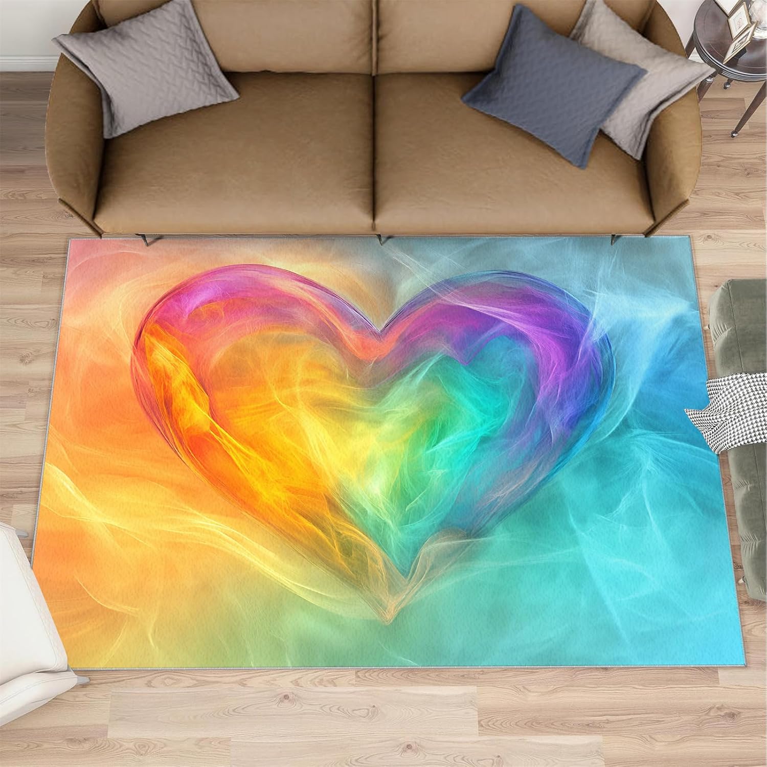 6x8 Gradient Heart Area Rug - Fluorescent Art Large Rugs for Living Room, Abstract Rainbow Carpet Area Rug for Girls Bedroom Kids Room Basement Office Classroom