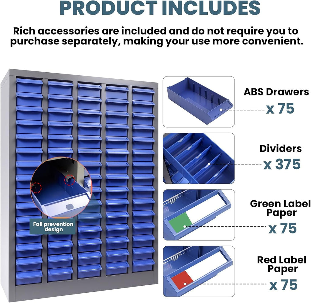 75 Drawers Parts Cabinet with Stainless Steel Frame & ABS Drawers, Bolt Organizer with 375 Dividers & Rear Stop Tabs, Nut and Bolt Bins for Garage Workshop Home