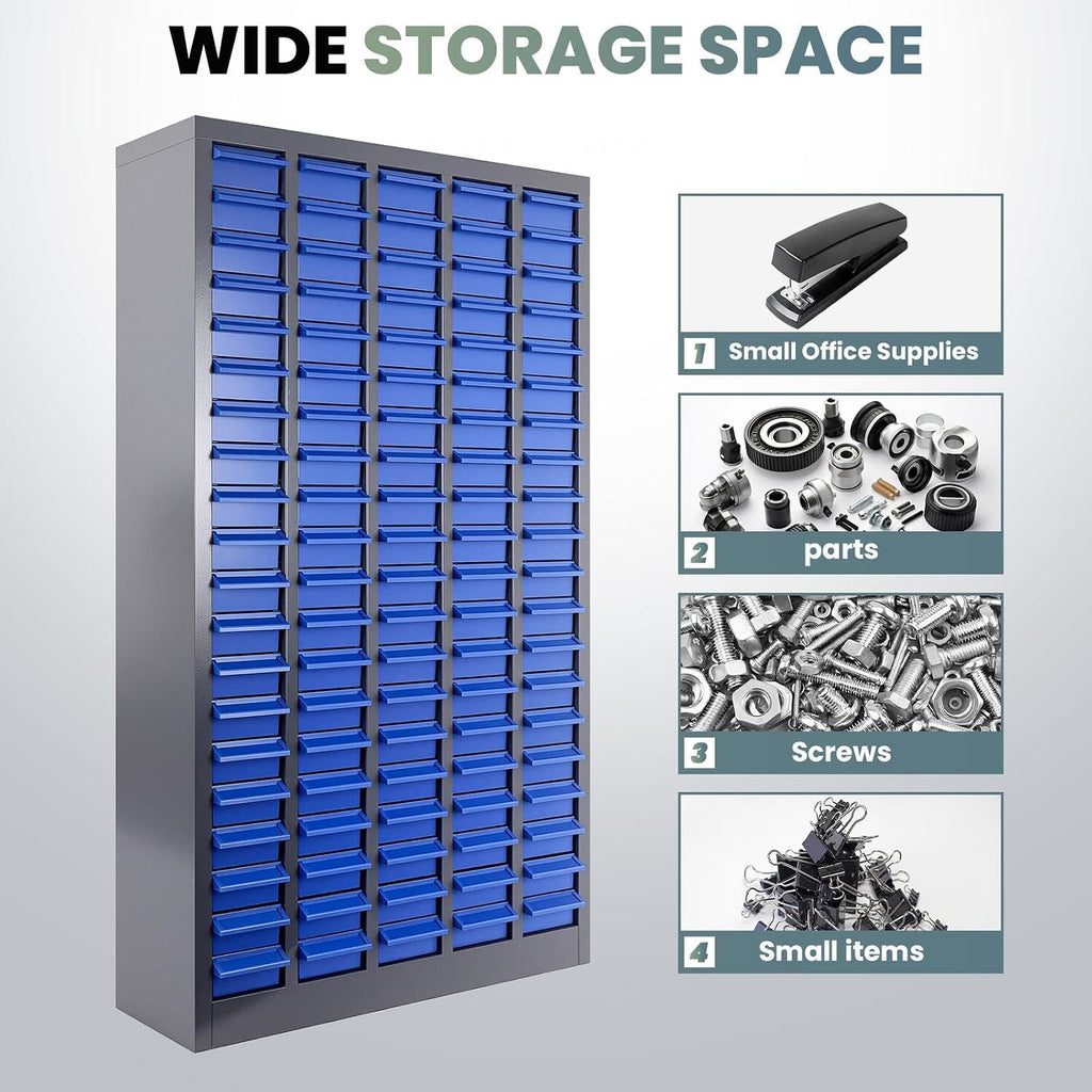 100 Drawers Nut and Bolt Organizer, Stainless Steel Parts Cabinet with 500 Dividers & 200 Labels, Bolt Bin Cabinets for Workshop Tool & Hardware Storage and Organization, Blue Grey