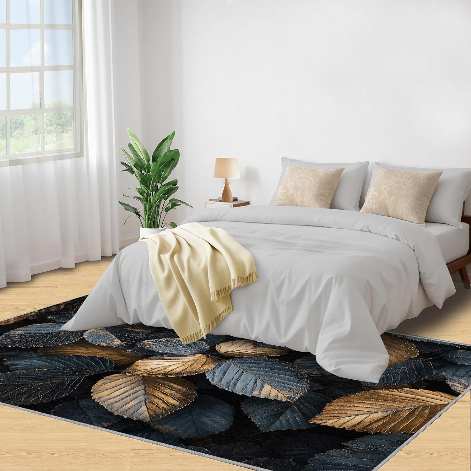 Leaves Rug - 6x8 Rug, Black Gold Leaf Area Rugs for Bedroom, Botanical Rugs for Living Room, Plant Carpet, Washable Carpet, Leaves Home Decor & Gifts