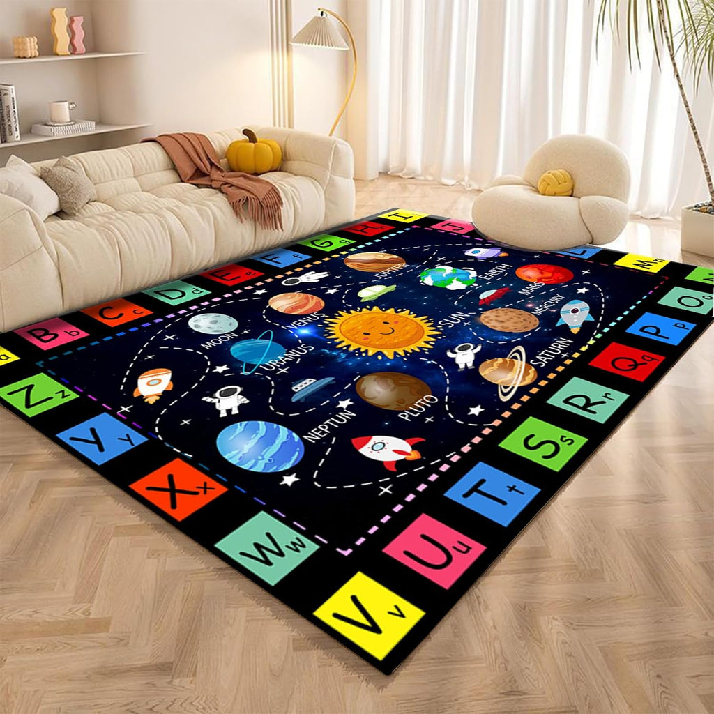 Cartoon Outer Space Kids Rugs, 6x8ft, Educational ABC Letter Rugs for Living Room, Space Tour Foldable Easy Clean Home Decor Carpet, Low Pile Absorbent Carpets for School Family