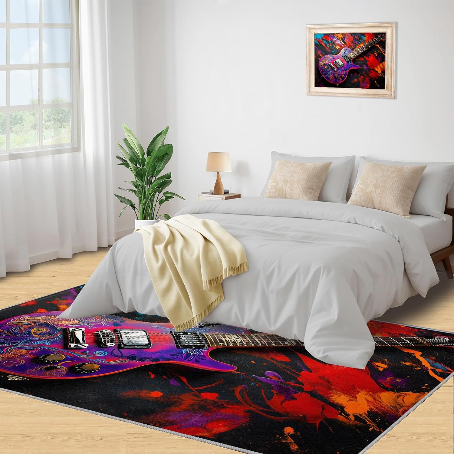 Electric Guitar Rugs for Bedroom - 8x10 Rug, Passion Rock Area Rugs for Living Room, Graffiti Art Carpet, Colorful Washable Area Mat, Boys Room Carpet, Music Home Decor