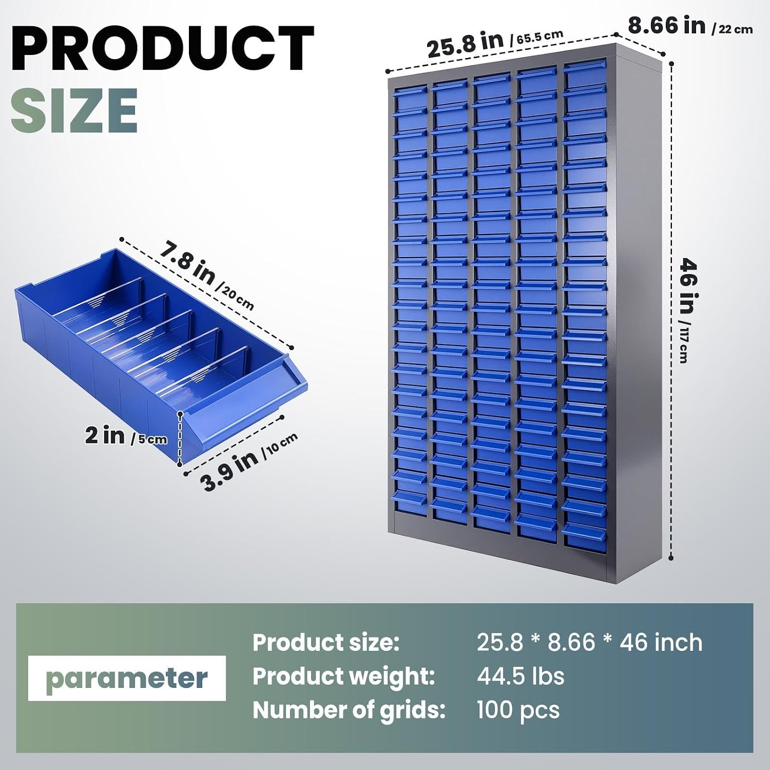 100 Drawers Nut and Bolt Organizer, Stainless Steel Parts Cabinet with 500 Dividers & 200 Labels, Bolt Bin Cabinets for Workshop Tool & Hardware Storage and Organization, Blue Grey
