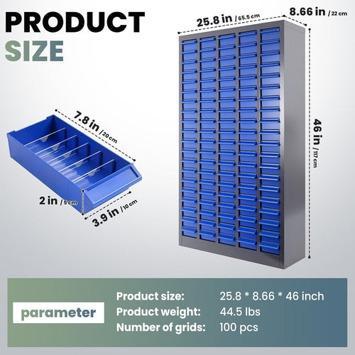 100 Drawers Nut and Bolt Organizer, Stainless Steel Parts Cabinet with 500 Dividers & 200 Labels, Bolt Bin Cabinets for Workshop Tool & Hardware Storage and Organization, Blue Grey