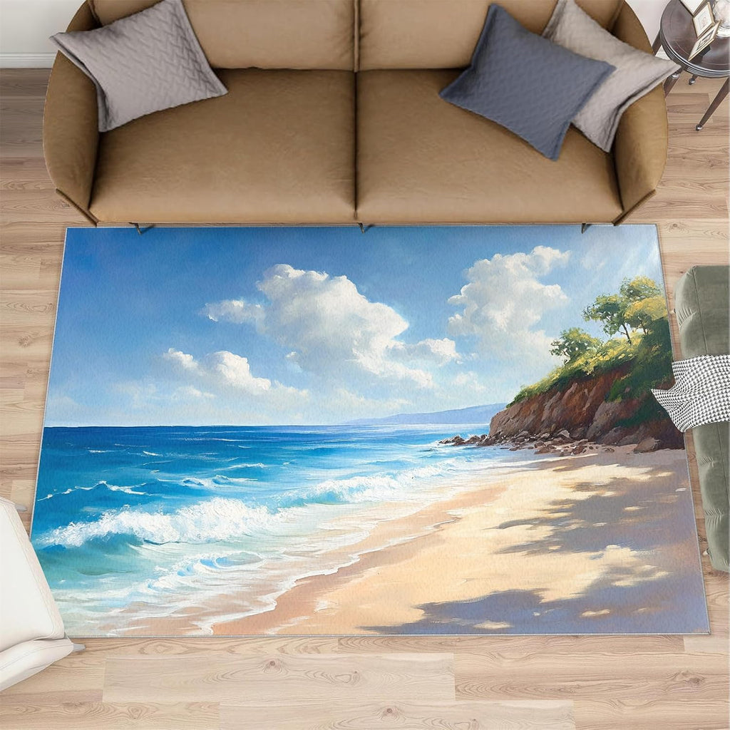 Beach Rug 6x8, Tropical Scenery Rugs for Living Room, Cartoon Rugs for Bedroom, Low Pile Washable Area Rug, Non Slip Carpet for Hardwood Floors