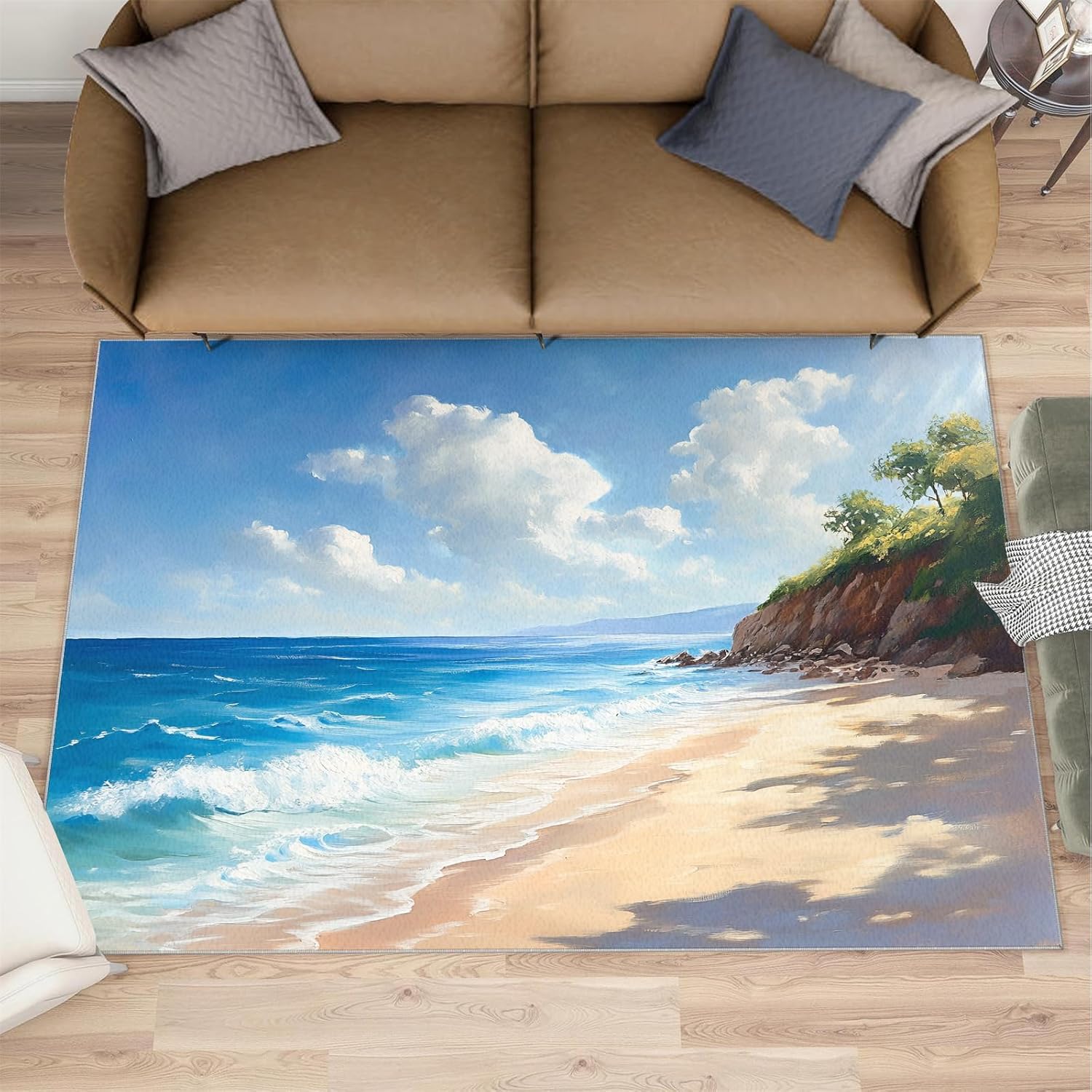 Beach Rug 6x8, Tropical Scenery Rugs for Living Room, Cartoon Rugs for Bedroom, Low Pile Washable Area Rug, Non Slip Carpet for Hardwood Floors