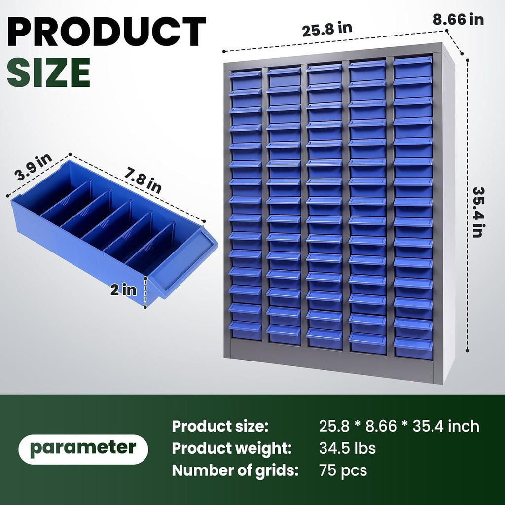 75 Drawers Parts Storage Organizer with Labels, ABS Material Nut and Bolt Organizer, Heavy Duty Steel Frame Parts Cabinet, Easy to Clean, Parts Bins Organizers for Shop, Factory (75 Drawers)
