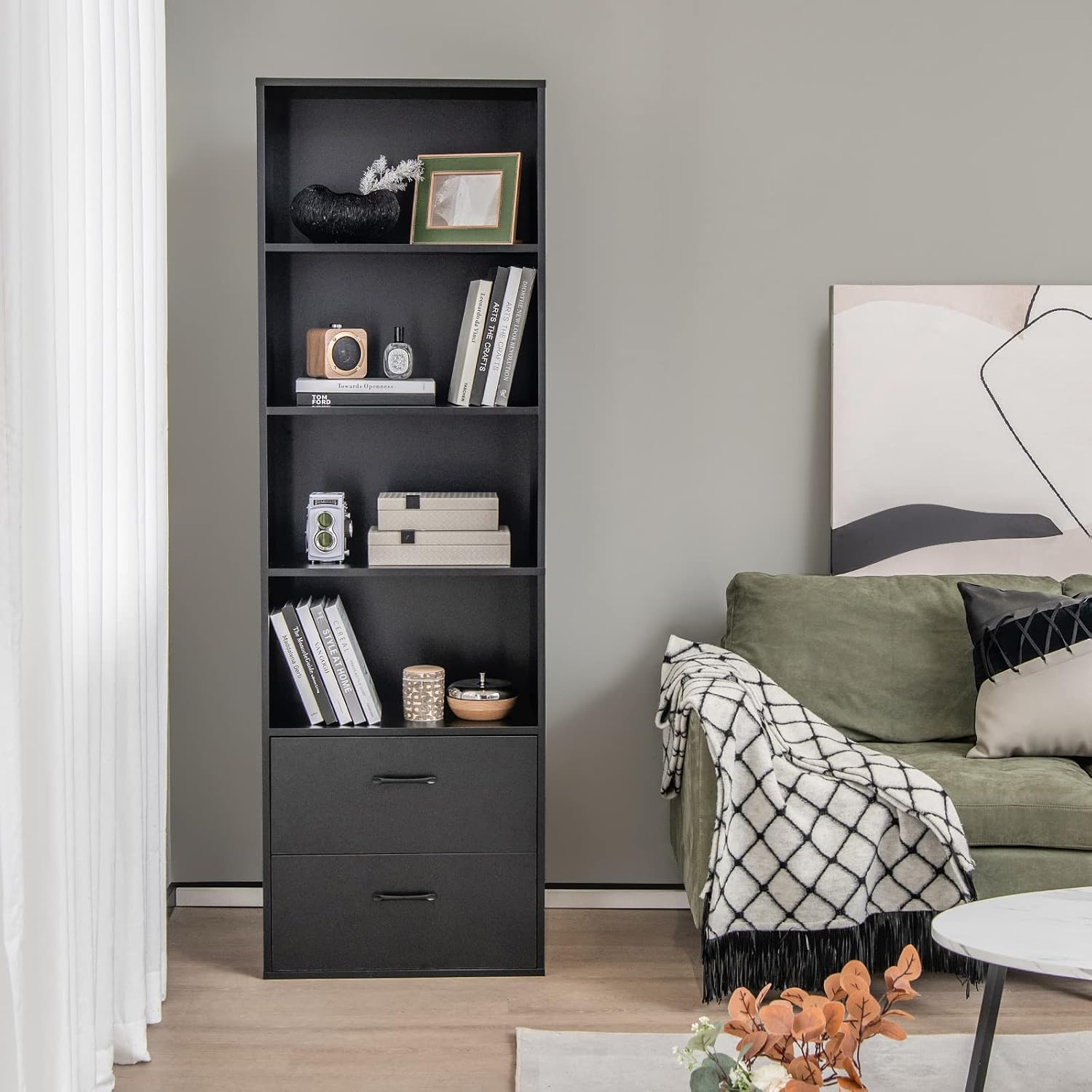 LOKO 74 Inches Tall Bookcase, 6-Tier Modern Tall Storage Cabinet with 2 Drawers & 4 Open Shelves, Freestanding Wooden Bookshelf with Anti-toppling Devices for Living Room, Study, Home Office (Black)