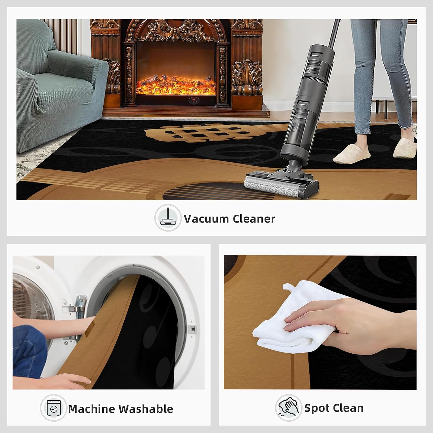 Classical Guitar Music Area Rug, Modern Black Rugs for Living Room, Indoor Non-Slip Kids Rugs, Machine Washable Breathable Durable Carpet for Front Entrance Floor Decor,8 x 10ft
