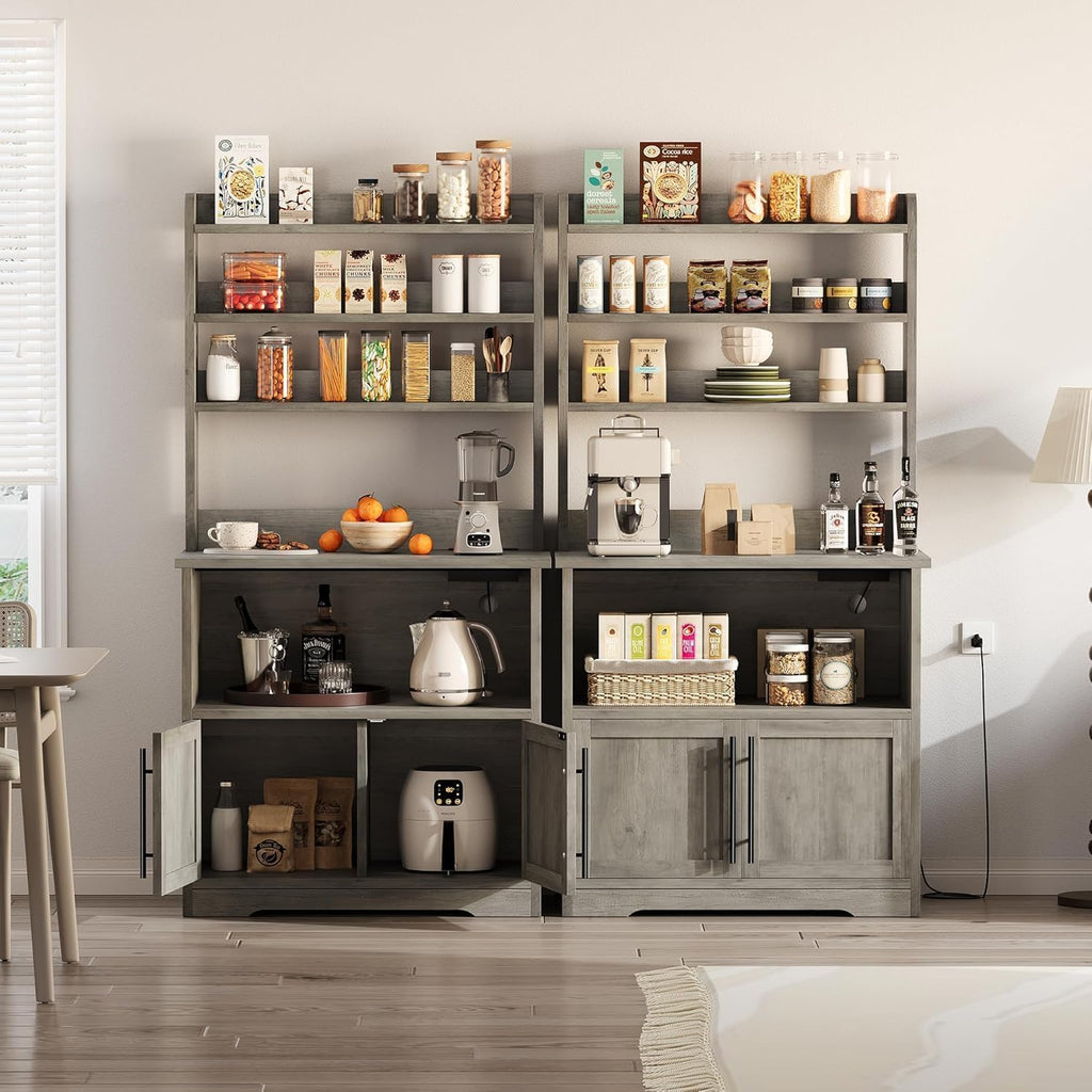 Tall Large Storage Cabinet Kitchen Microwave Stand with Storage, 4-Tier Bakers Rack with Power Outlet, Cupboard, Floor Cabinet for Living Room, Rustic Gray,