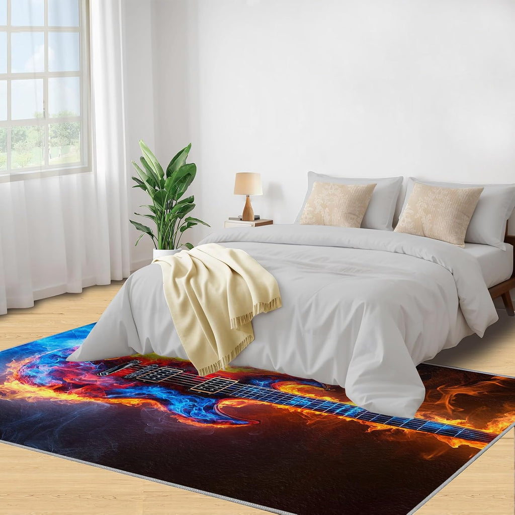 Guitar Rug 6x9, Flame Guitar Area Rugs for Bedroom, Rock Music Rugs for Boys Room, Low Pile Non Slip Carpet for Computer Game Room Dormitory