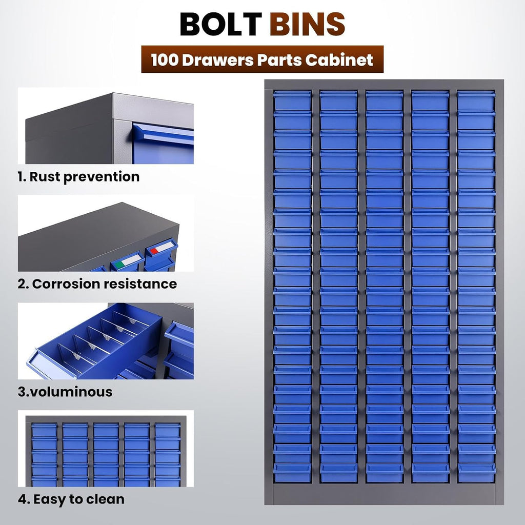 100-Drawer Part Cabinet Bolt and Nut Tool Storage Cabinet,ABS Material Hardware Organizer, Nuts and Bolts Organizer Bolt Bin with Shelfs and Labels, Screw Bolt Bins Organizer for Shop