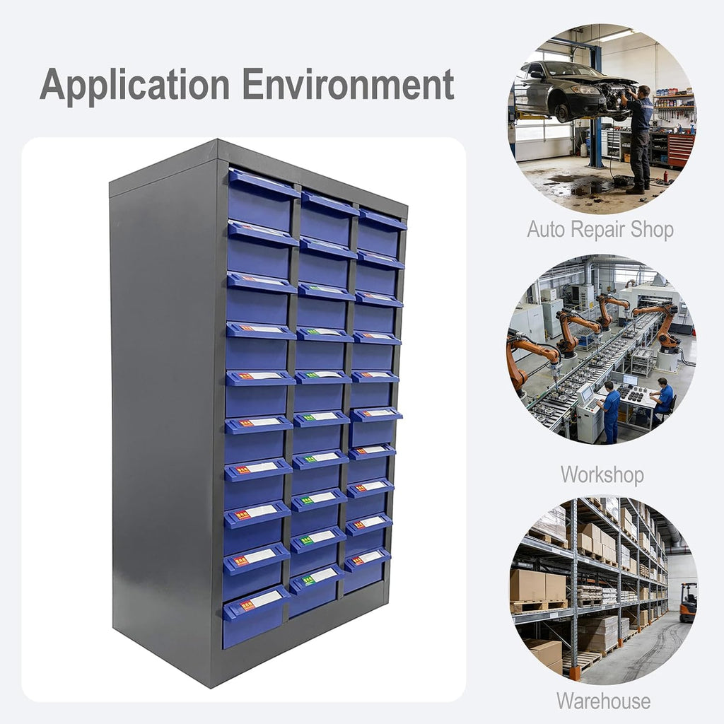 30-Drawer Parts Storage Cabinet, 21.5' L x 12.4' D x 34.3' H, Cold Rolled Steel & ABS Material, Heavy Duty Organizer for Home, Repair Shop, and Factory, Doorless Design