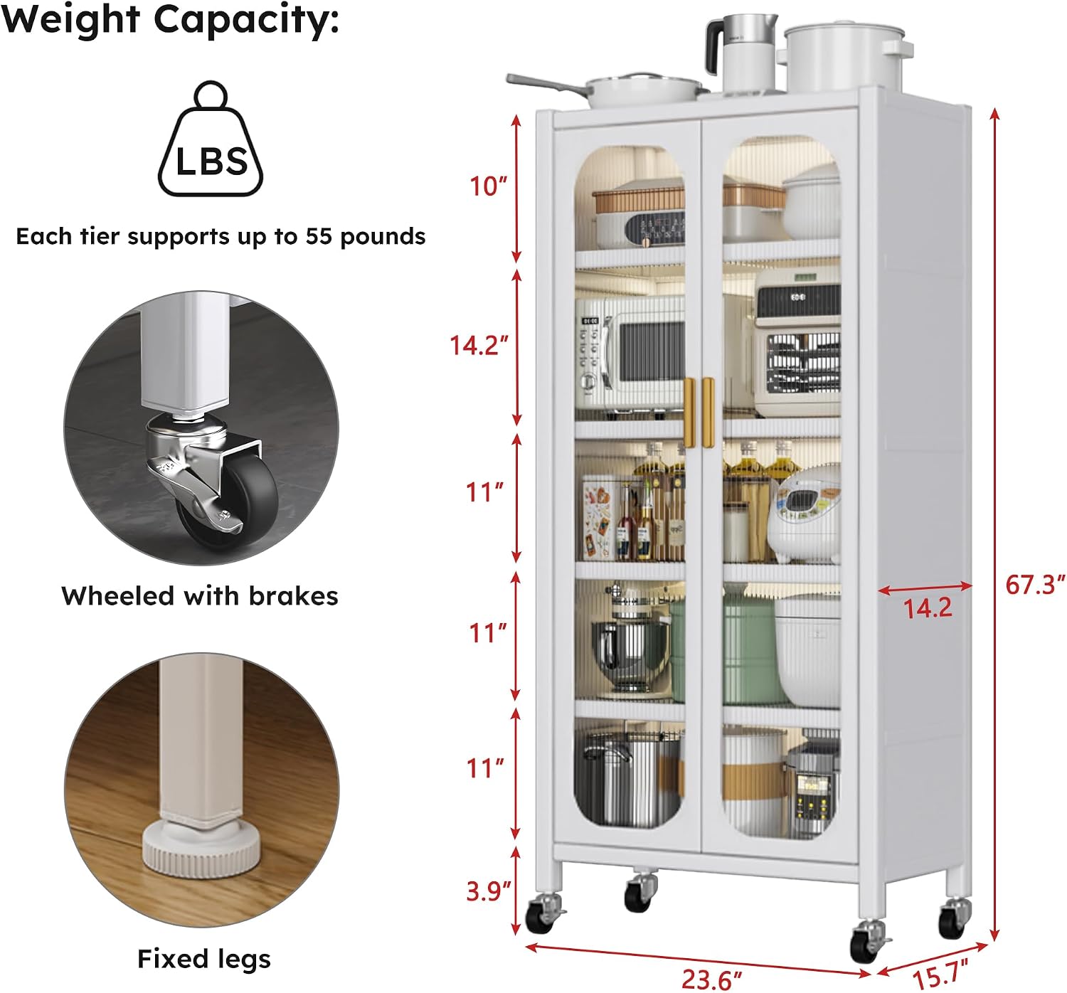 Runboll Kitchen Pantry Storage Cabinet, 6 Tier Metal Sideboard with Wheels and Acrylic Glass Door, Modern Display Curio Cabinet Bookcase White