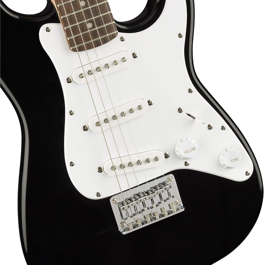 Fender Squier 3/4 Size Kids Mini Strat Electric Guitar Learn-to-Play Bundle with Strap, Picks, Fender Play Online Lessons, and Austin Bazaar Instructional DVD - Black