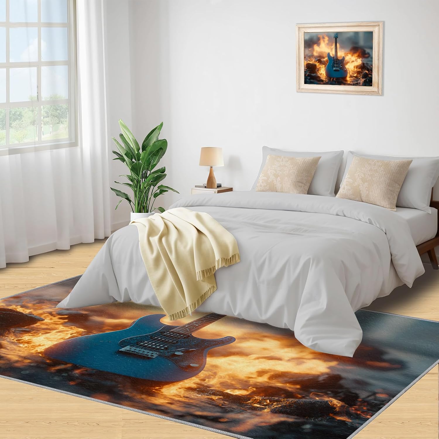 Guitar Rugs for Music Room - Boys Musical Rug, 6x8 Rug, Music Washable Rugs for Living Room Bedroom, Burning Area Rug, Rock and Roll Carpet - Home Decor, Electric Guitars Gifts for Men