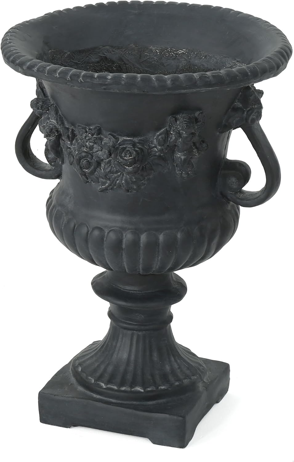 Antique Black Magnesium Oxide Urn Planter, Elegant Decorative Outdoor Garden Patio or Indoor Vase, Ready to Use, 17.3L x 17.3W x 24H Inches