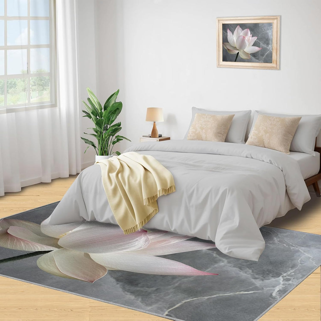 Lotus Area Rug Large - 6x8 Rug, Luxury Marble Rugs for Living Room, Flower Carpet, Floral Washable Area Rugs for Bedroom, Aesthetic Carpet, Floral Home Decor