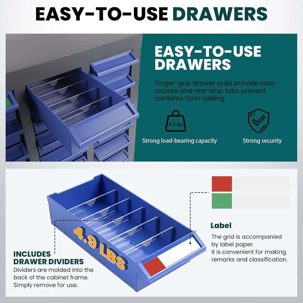 Parts Cabinet 100 Drawers with Dividers and Labels,Stainless Steel Bolt Box Organizer,ABS Material Drawer,26' x 8.66' x 46' Nuts and Bolts Organizer for Store, Toys, Parts,Screws (Classic 100 Drawers)