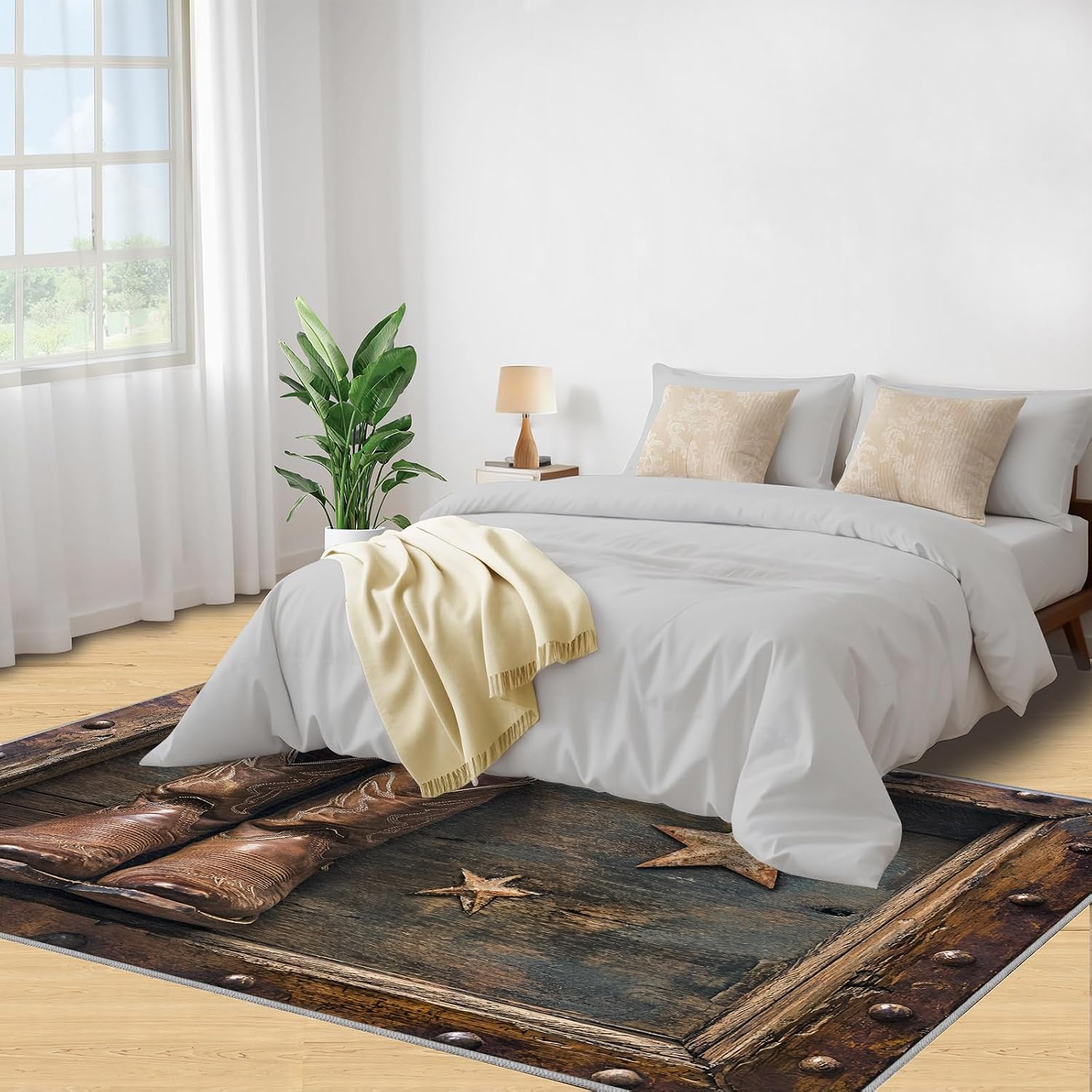 Washable Rugs Western Rug & Home Decor, Brown Area Rug 6x9, Non Slip & Low Pile Carpet, Cowboy Boots Rugs for Bedroom Living Room