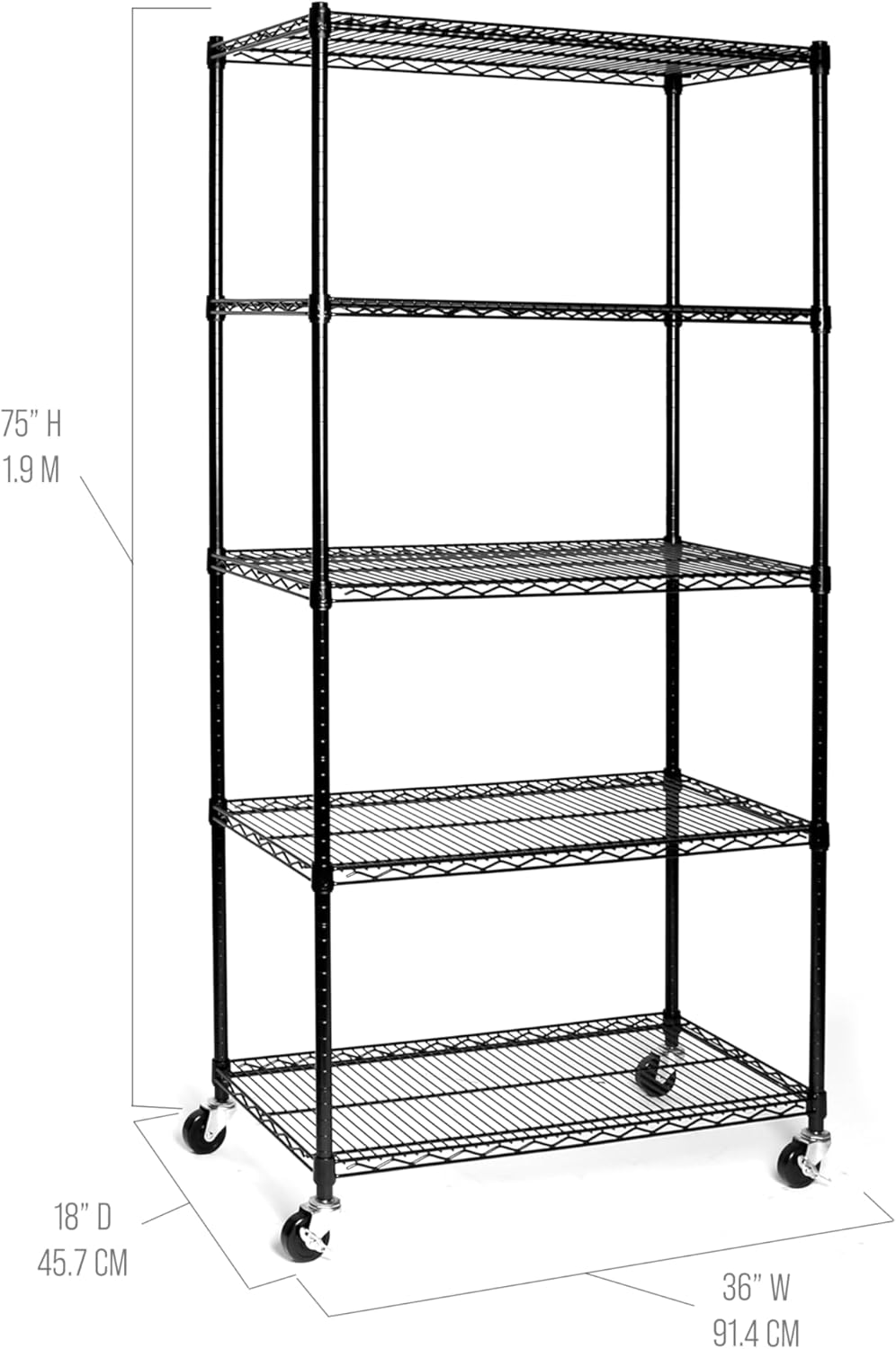 Seville Classics UltraDurable Heavy Duty NSF Solid Steel Wire Rack Storage Unit, Organizer for Garage, Warehouse, Office, Restaurant, Classroom, Kitchen, Black, 5-Tier Shelving, 36' W x 18' D