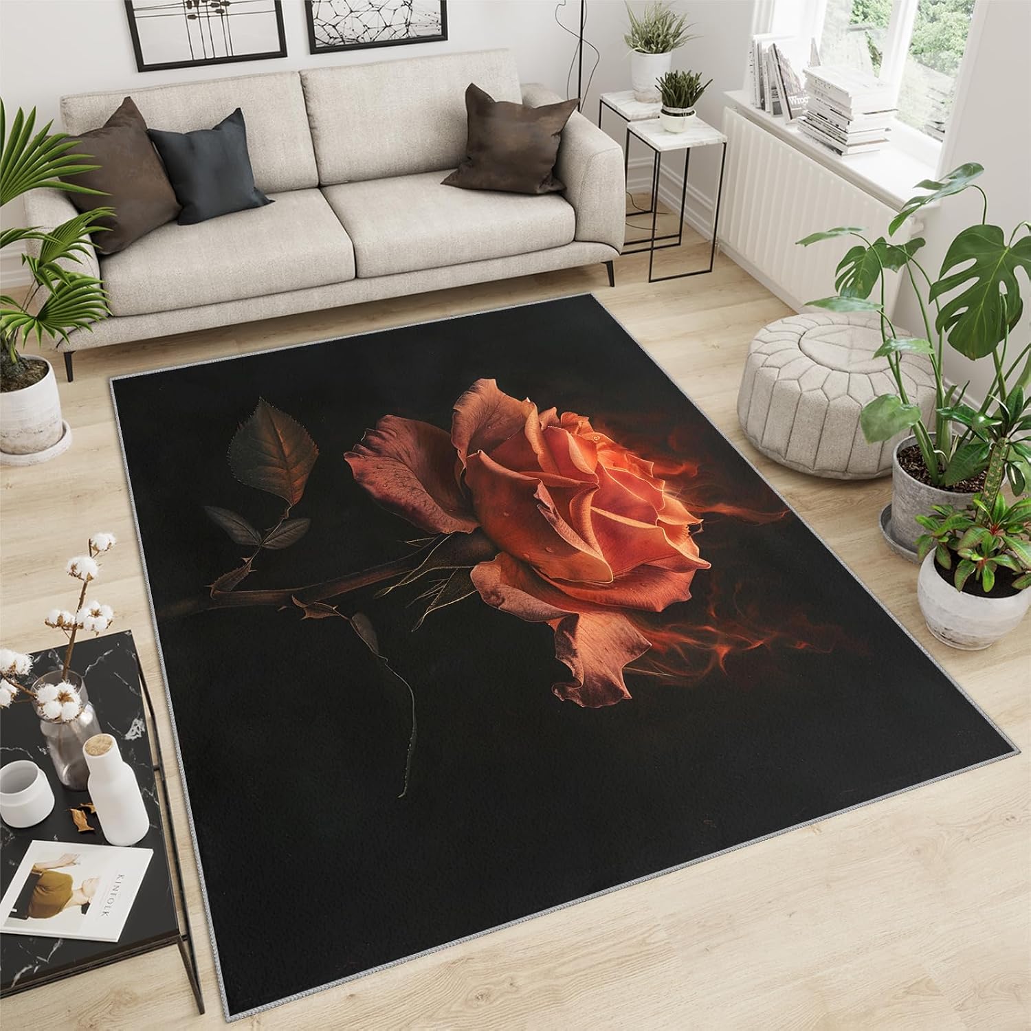 Area Rug 6x8ft, Red Rose Rugs, Simple Black Area Rug, Upholstery Carpet with Non-Slip Backing, Soft Washable Rug for Living Room Kids Boys Girls Bedroom Study Room