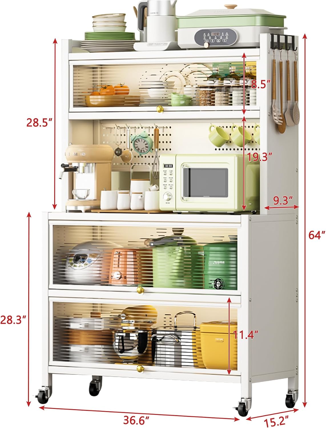 Metal Storage Shelves with Wheels, 5-Tier White Bakers Rack with Storage Cabinets & Drawers, Kitchen Baker's Rack Organizer with Lockable Doors, 360° Wheels for Pantry, Storage Room, Countertop, White