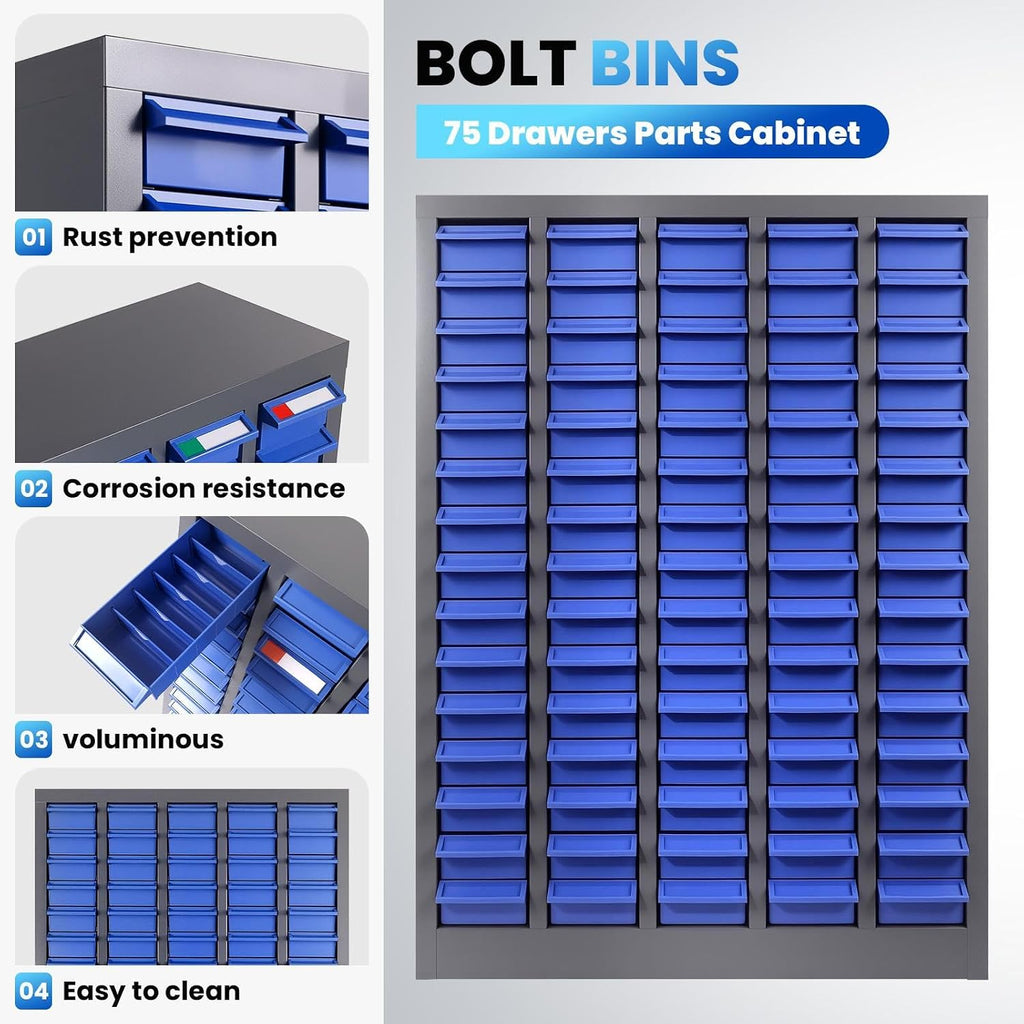 75 Drawer Parts Cabinet, ABS Material Nut and Bolt Organizer, Bolt Bins Organizer for Shop with Shelf and Label, Bolt Bins for Storing Sample, Metals and Electronic Element, Blue