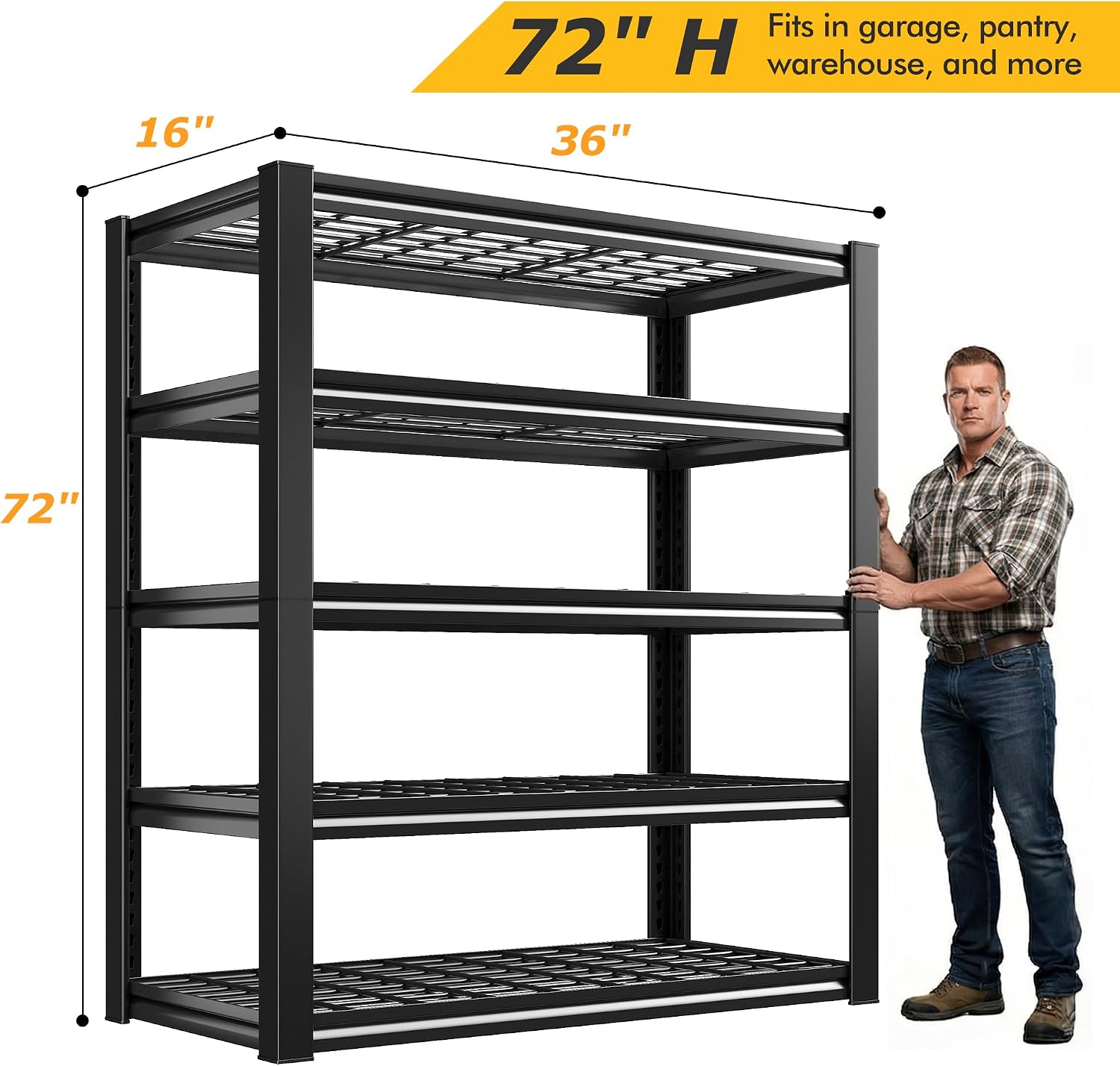 REIBII Garage Shelving 3200LBS, 5-Tier Storage Shelves, Adjustable Industrial Metal Shelving Unit for Garage, Basement, Pantry, Warehouse,Commercial, 36' W x 16' D x 72' H, 2 Pack
