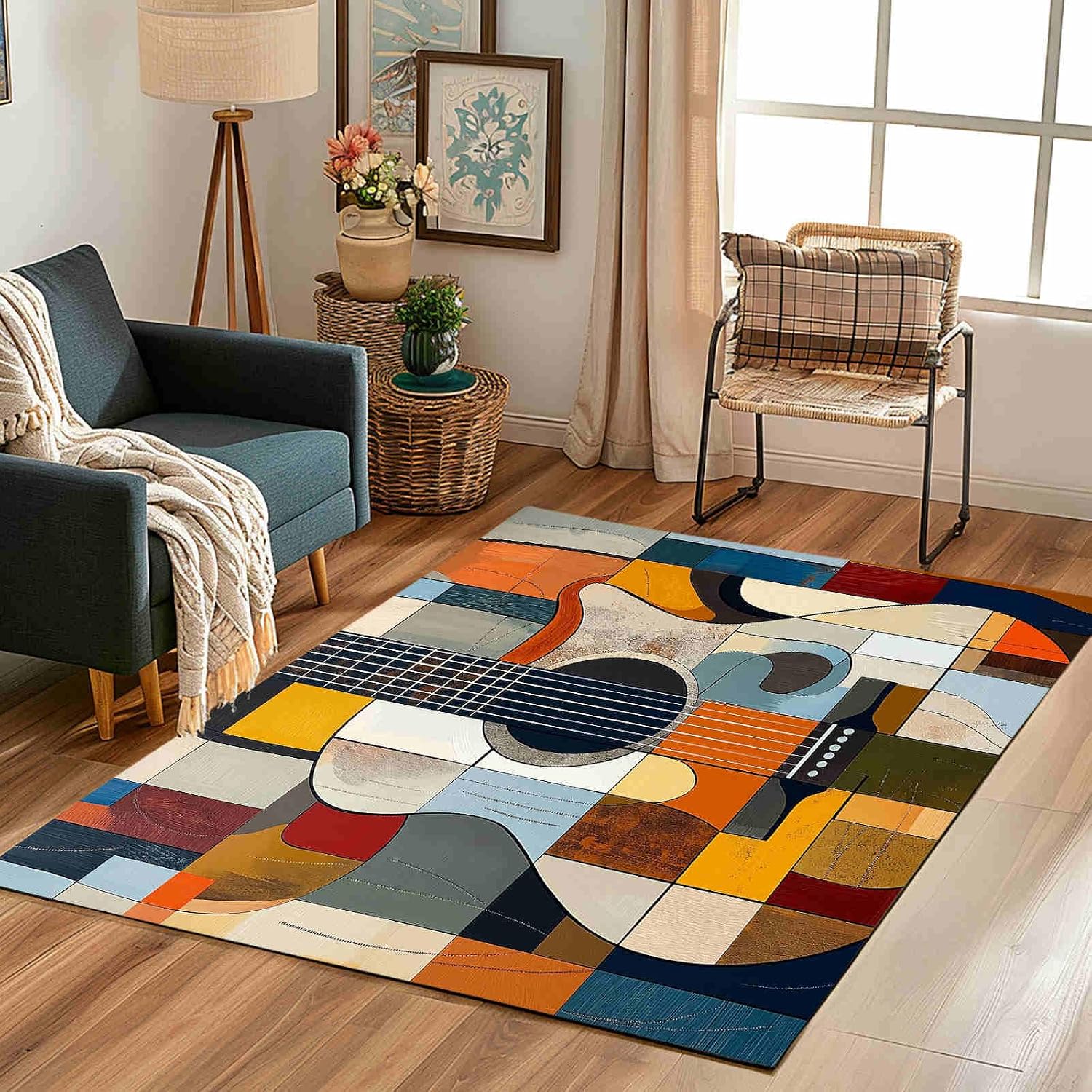 Color - Blocked Guitar Design 8x10 Washable Large Area Rug Geometric Division Patterns Carpet for Study Bedroom Nursery, Washable Rugs Non Slip Soft CarpetTeal Blue Living Room Rugs Non-Slip