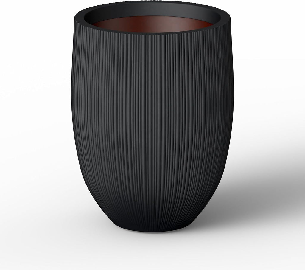 Kante 21.6 Inch Tall Concrete Planter, Large Indoor Outdoor Plant Pot with Drainage, Fluted Black Finish with Painted Interior, Ideal for Porch, Home, Garden, Patio