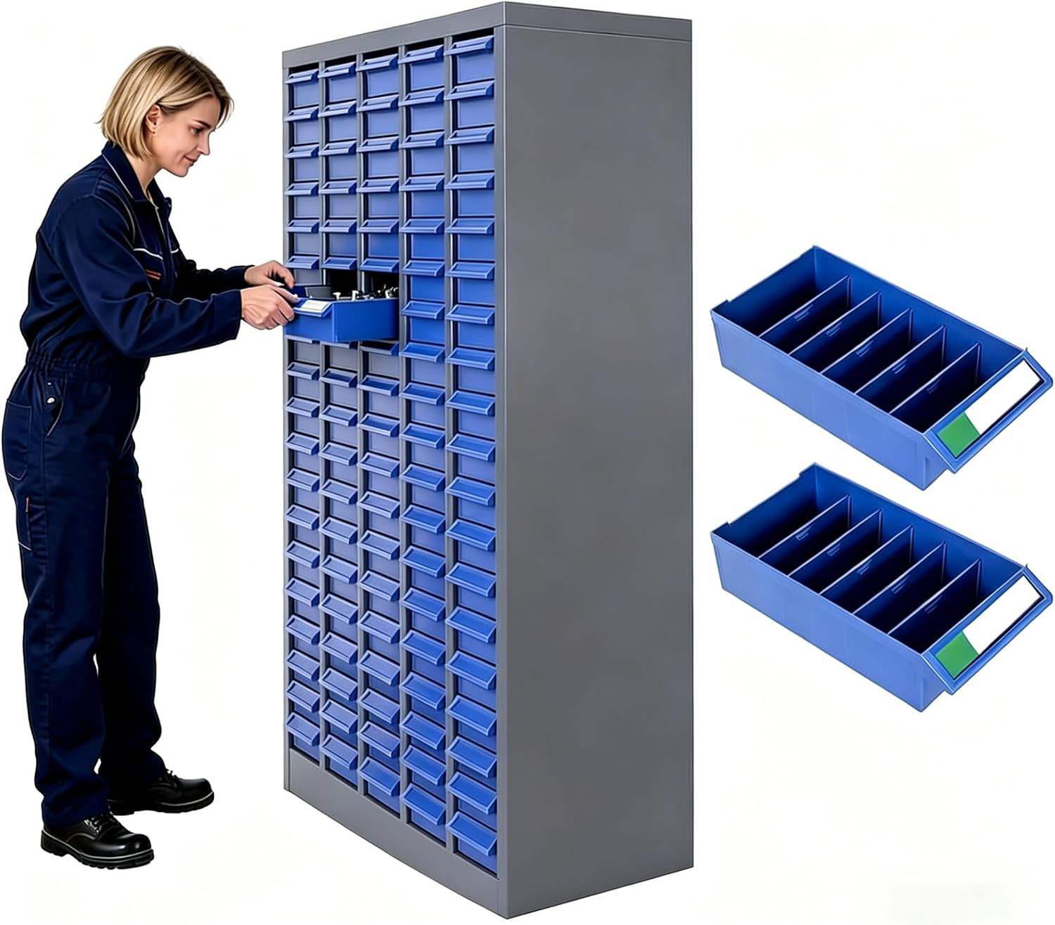 100 Drawer Nut and Bolt Organizer Cabinet, ABS Material Drawers Parts Cabinet with Dividers & Labels, 26'X 9'X 46' Bolt Bin for Garage, Shop and Workshop Organization