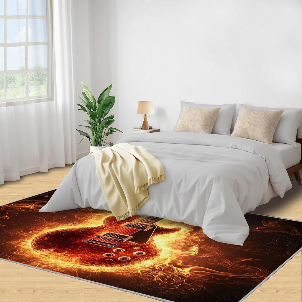 Guitar Area Rugs for Living Room, Flame Guitar Rug 8x10, Rock Music Bedroom Rugs Washable & Non Slip Large Carpet for Home Decor