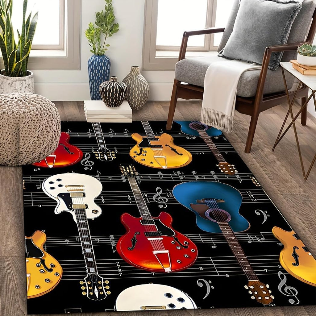 Guitar Print Living Room Rug, 6x8ft, Rock Music Guitar Bass Indoor Rugs, Cozy Thin Fade Resistant Home Decor Rug, Foldable Soft Durable Non Skid Washable Carpets for Kids Teen Bedroom