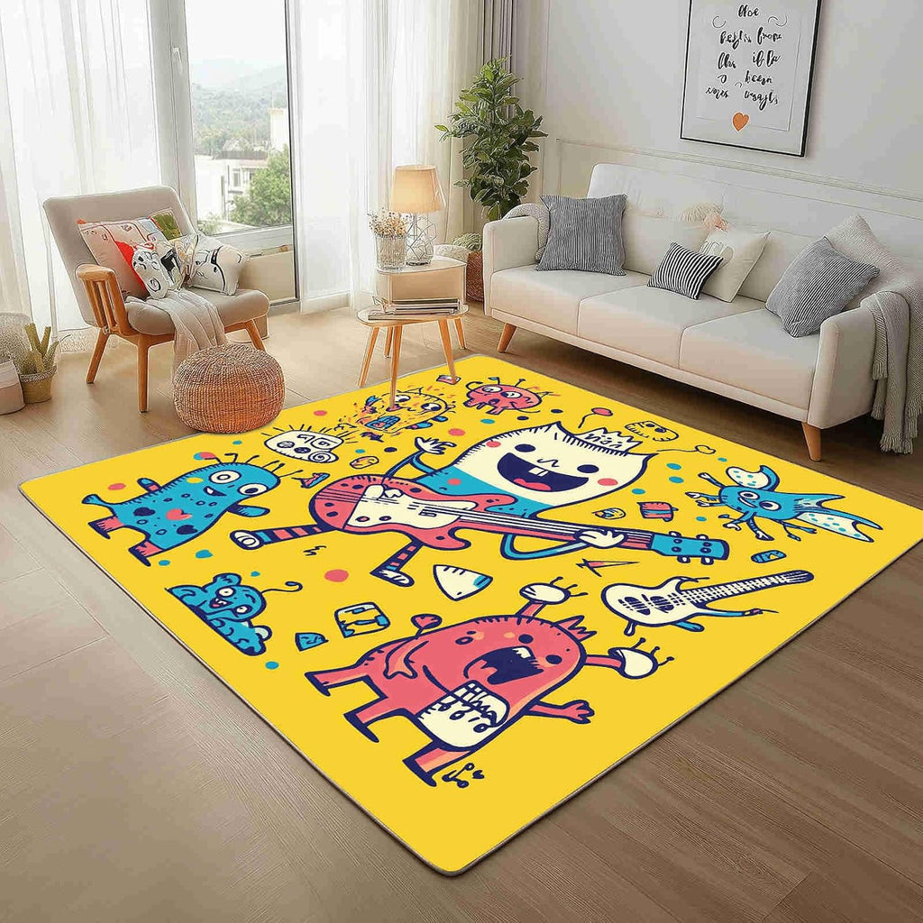 Cartoon Electric Guitar Washable Area Carpet 5x6ft Graffiti Band Living Room Rugs Non-Slip Rugs Anime Notes Bedroom Rug Decorative Carpet, for Dining Room Dormitory Washable Rug
