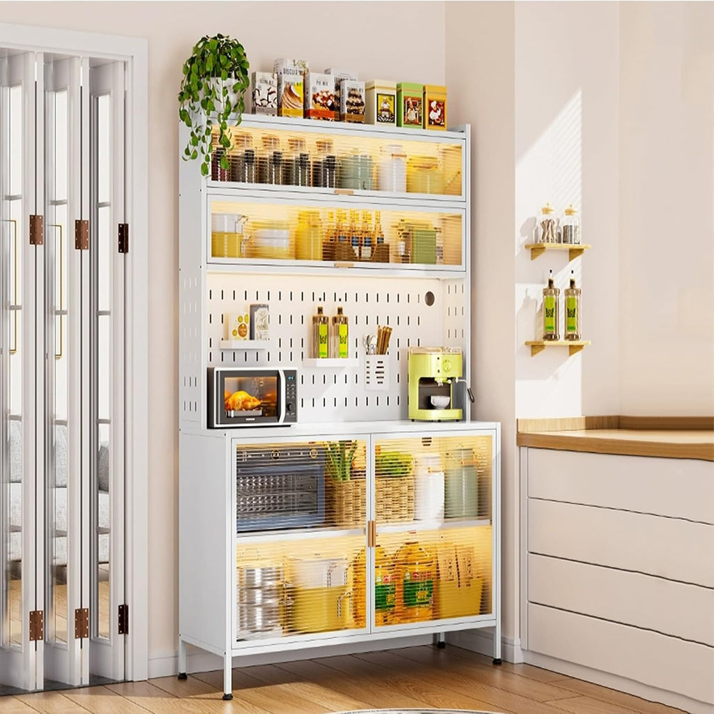 Free Standing Kitchen Units, Large Metal 6-Tier Bakers Rack, Kitchen Cabinet with Storage, Metal Tabletop, Adjustable Bottom Shelf(White,80cm)